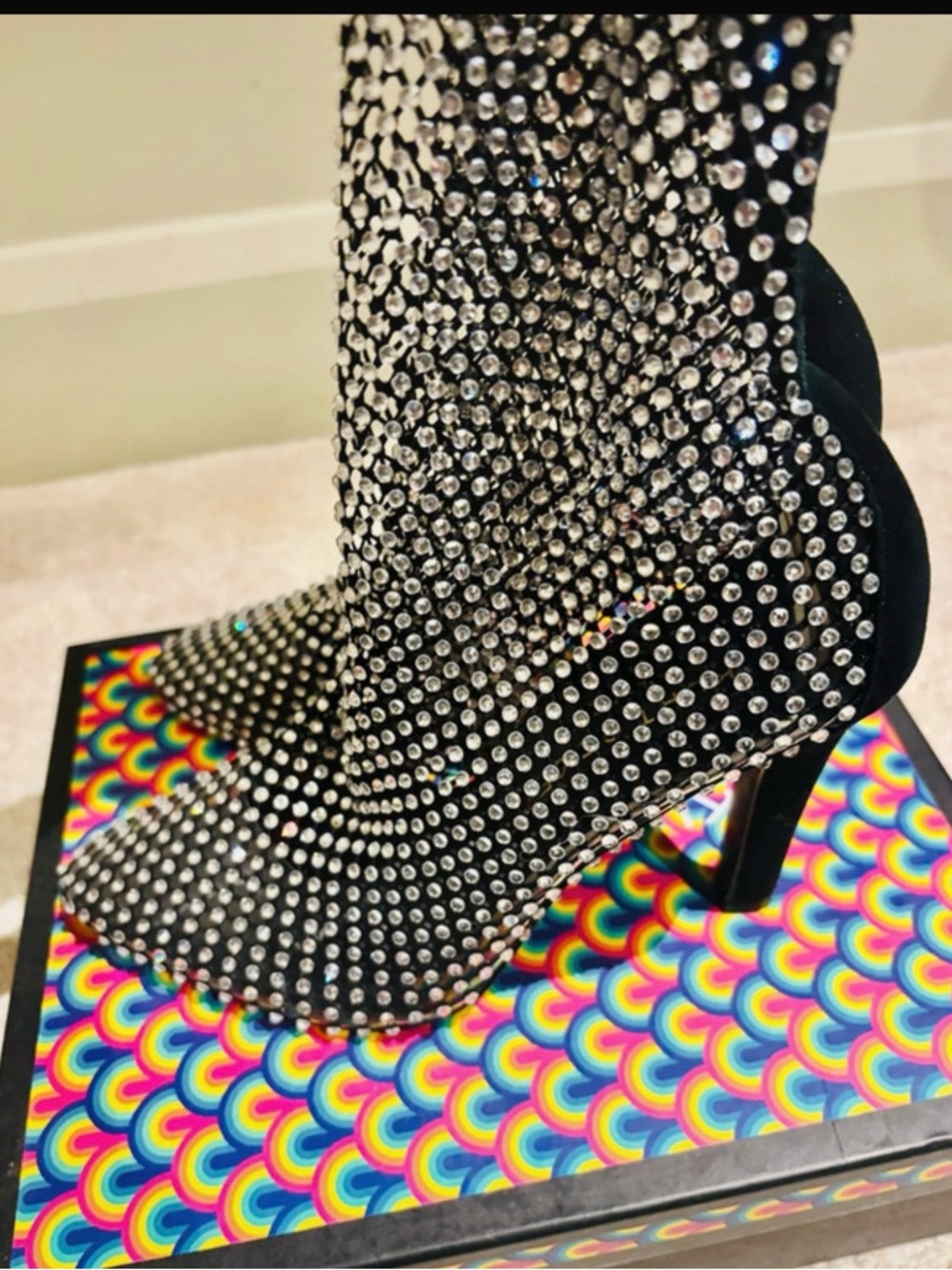 Black Rhinestone Embellished High Heel boots KURT Geiger Shoreditch mesh bootie - Picture 4 of 5